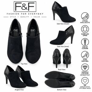 F&F Women's 6.5 Black‎ Suede Snakeskin Ankle Booties Stiletto Heels Side Zip